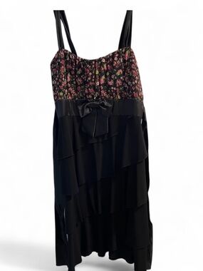 Deb Black Dress with Pink Floral Bodice Boho Grunge 2XL Stretch